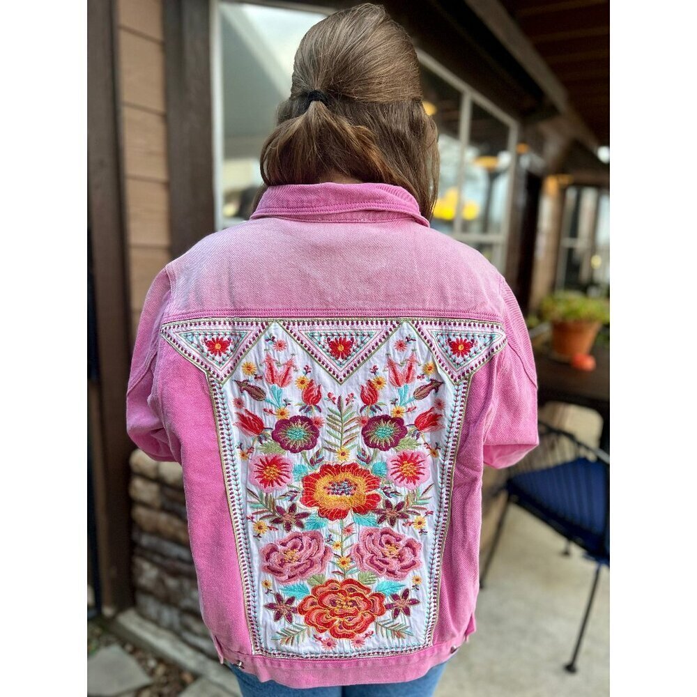 In Full Bloom Western Denim Embroidery Jacket in Pink